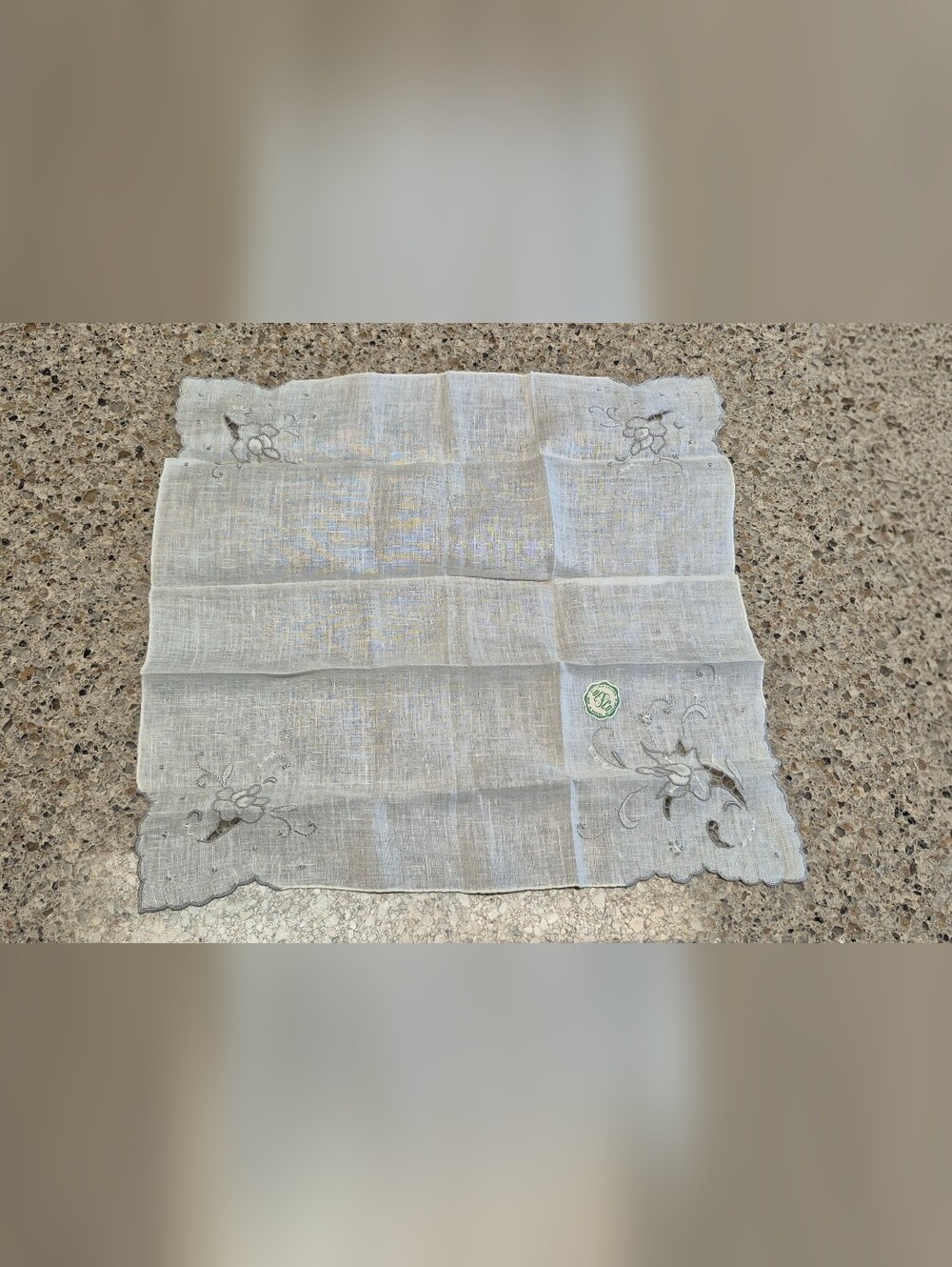 NOS VTG DESCO Madeira Handkerchief All Linen Hand Embroidered Gray Scallop Label